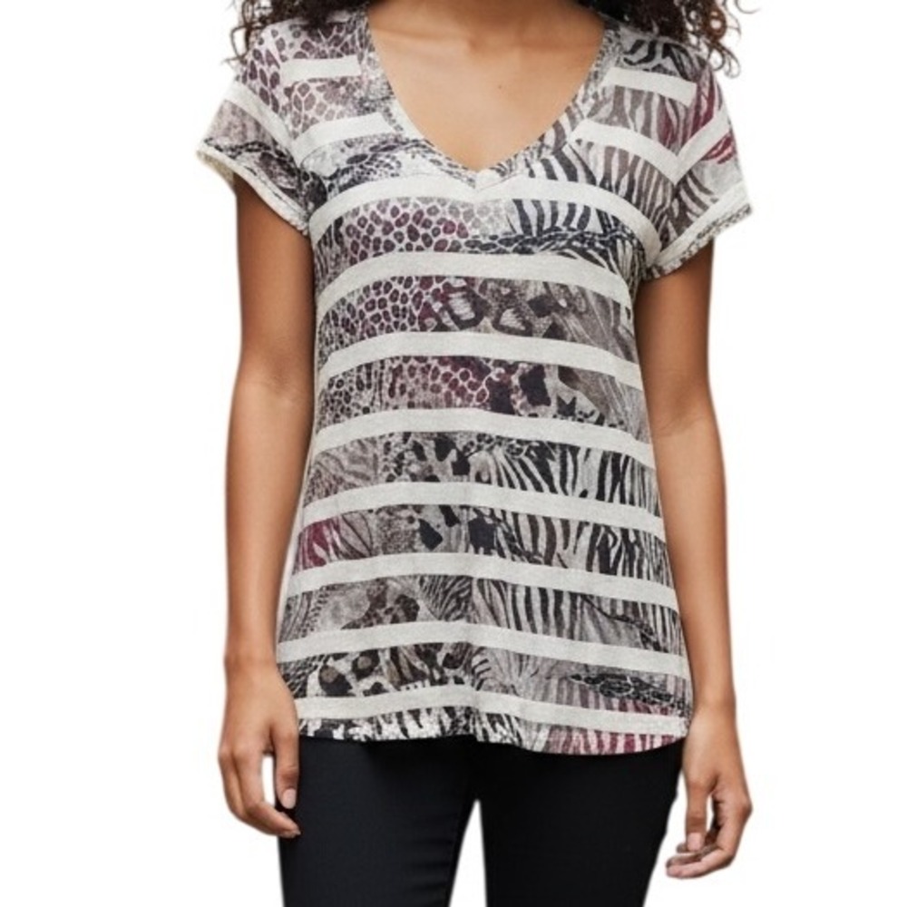 CACHE V Neck Animal Print With Stripes Cap Sleeve‎ Top EUC Medium